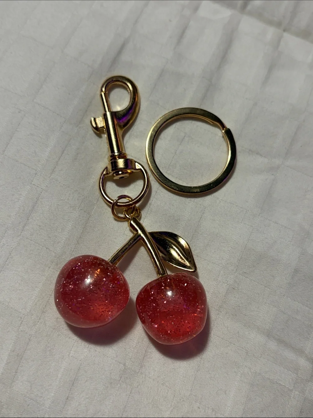 Gold Mini Cherry Keychain Charm in Pink